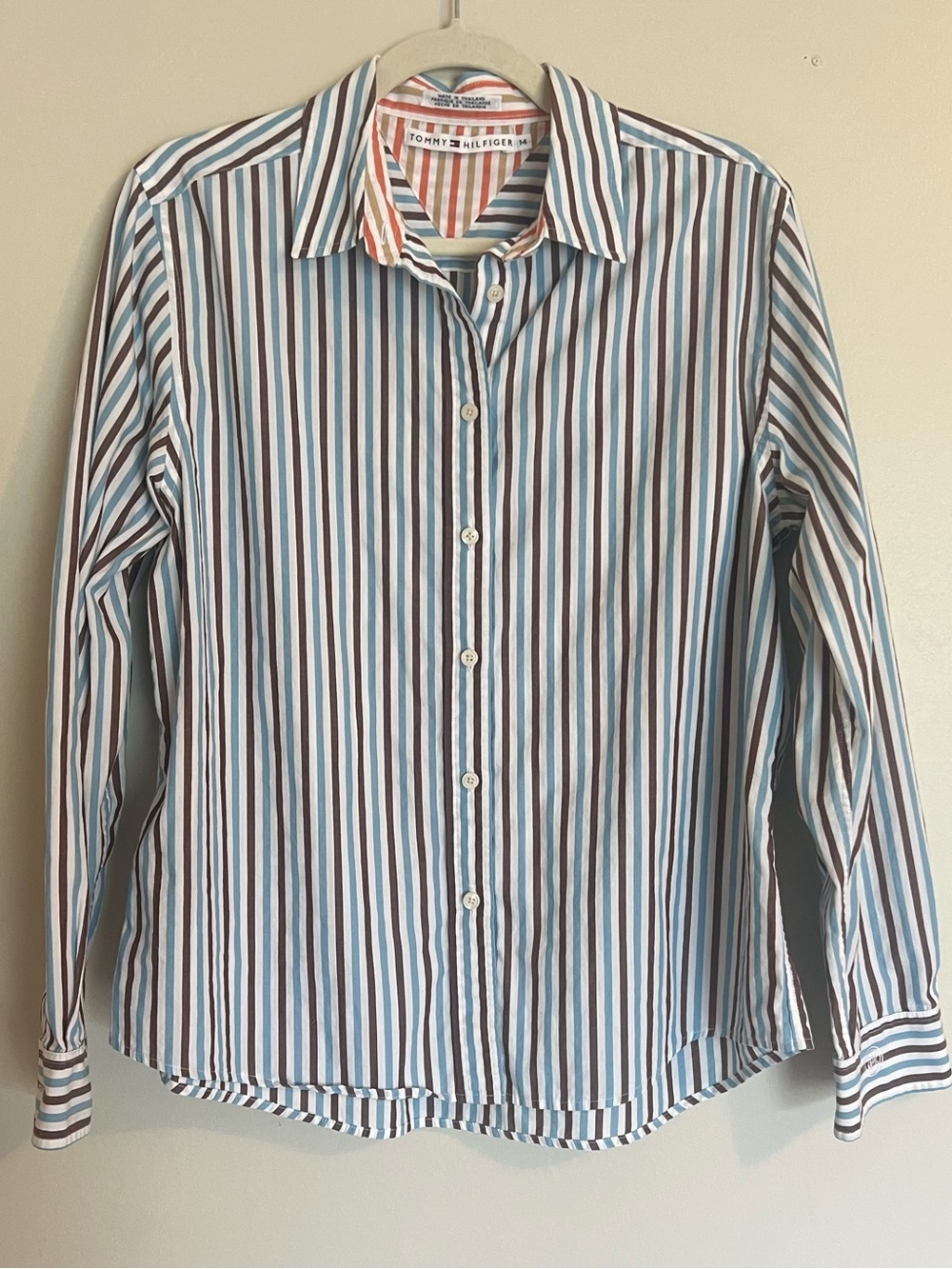 Tommy Hilfiger Blue, Brown & White Striped Button-Down Shirt Y2K